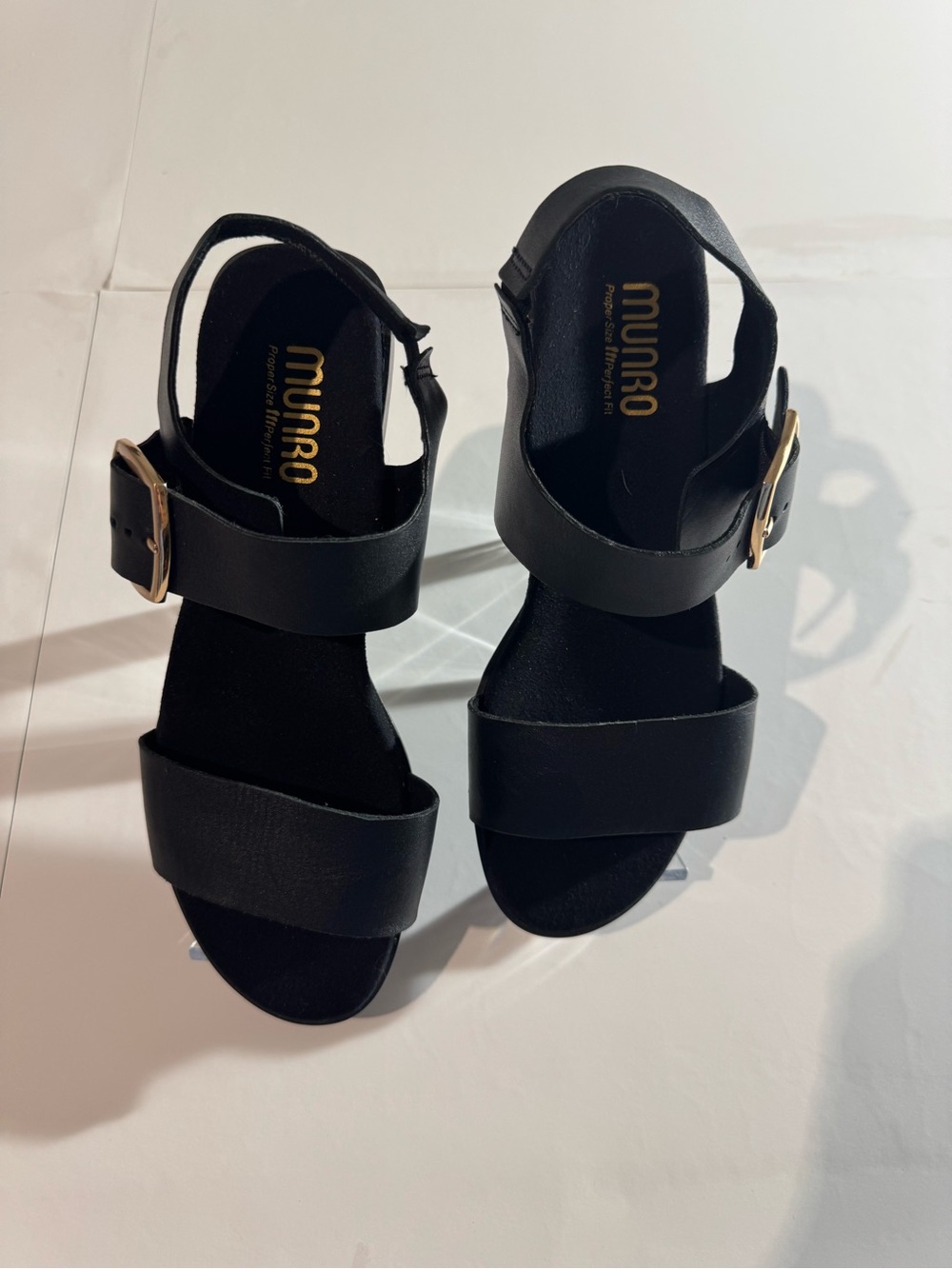 Munro Black Leather Double-Strap Sandals with Gold Buckles